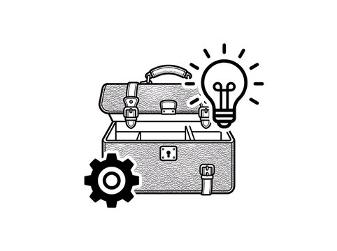 Open toolbox with glowing light bulb and gear wheel representing problem solving and innovation business tools technical support maintenance service gear cog toolbox vector line art business