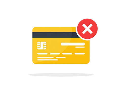 Yellow credit card icon with red cross error symbol representing payment decline declined payment failed financial error transaction failed bank card purchase commerce illustration
