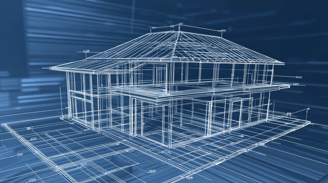Futuristic architecture blueprint glowing blue lines modern house design digital wireframe two story building innovative construction technology concept creative visualization