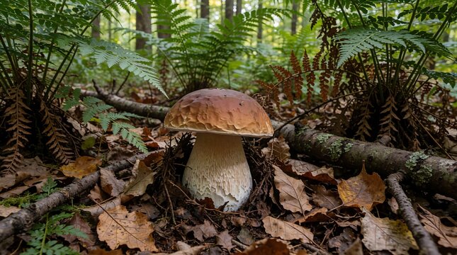 Large Brown Wild Mushroom Among Ferns on the Forest Floor