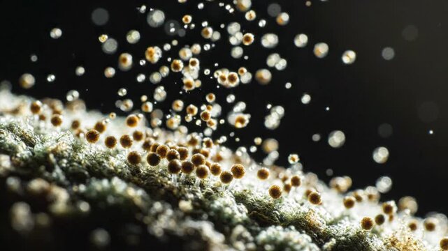 Tiny round spores rise from a textured green moss surface against a dark background, captured in sharp macro detail.