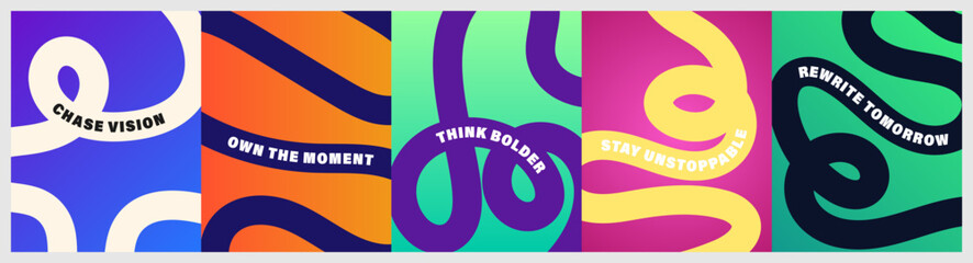 Naklejka premium Vibrant abstract poster collection set. with bold squiggly lines, curved typography, flowing shapes, and inspirational phrases, motivational typography, swirling ribbon on gradient backgrounds