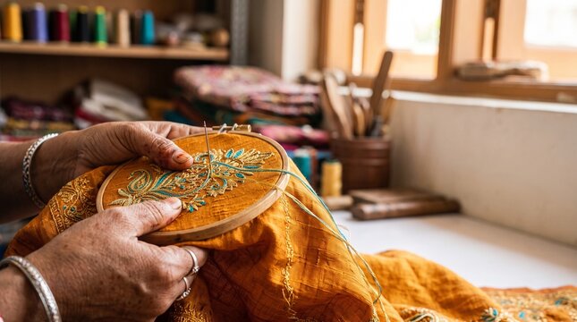 Skilled artisan hands creating intricate traditional embroidery patterns on orange fabric in workshop