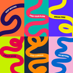 Naklejka premium Vibrant abstract poster with flowing shapes, colorful, fluid wavy lines posters, bold motivational typography and swirling ribbons. for prints, social media, wall art. vibrant colorful backgrounds