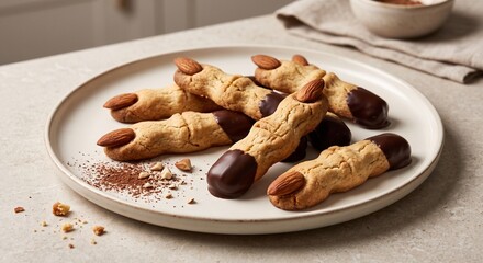 Fototapeta premium Chocolate-Dipped Almond Finger Cookies for Halloween Party
