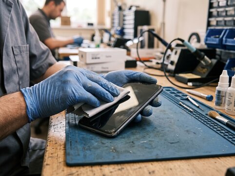 Professional technician cleaning smartphone screen with microfiber cloth in specialized repair laboratory