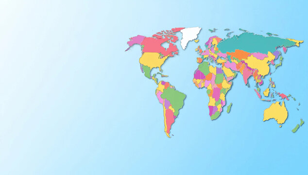 Colorful political world map centered on a blue background, with ample empty space for travel, geography, education, and global business text.