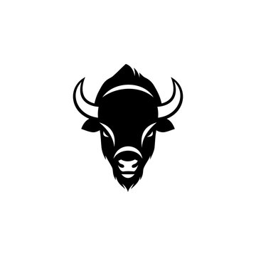 Bold black vector illustration of a front-facing buffalo or American bison head with large curved horns.