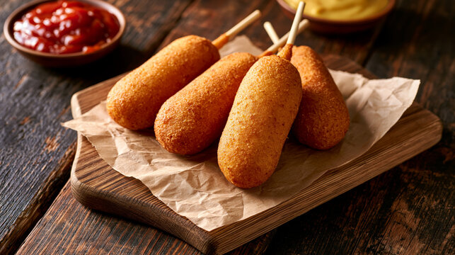 Crispy corn dogs on wooden board with ketchup and mustard dips, fried snack appetizer