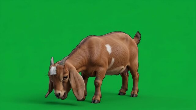 Brown goat with white spots grazing on a vibrant green screen background, perfect for compositing.