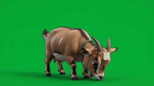 Cute brown goat eating grass on a vibrant green screen background, perfect for animation and visual effects projects.