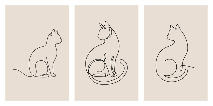 Sitting cat set continuous line art minimalist wall art vector illustration