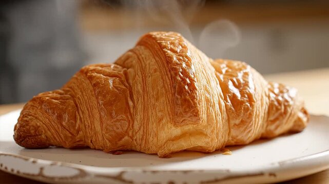 Freshly baked golden brown flaky croissant steaming on a white plate in a cozy kitchen setting, perfect for breakfast or bakery marketing