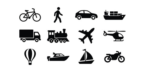 Collection of black silhouette depicting various modes of transportation including bicycle car train airplane helicopter hot air balloon boat motorcycle and ship © Fahimaakter