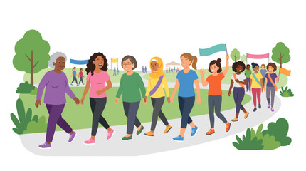 Obraz premium Diverse group of women of various ages and ethnicities participating in a walkathon event outdoors