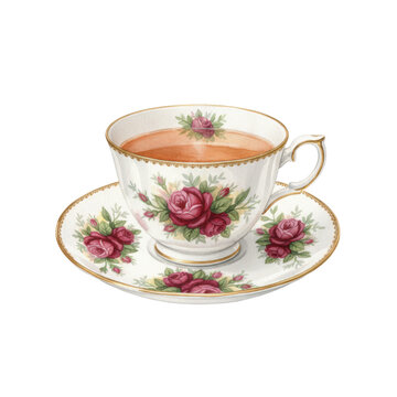 Hand-painted watercolor of a pristine bone china teacup with Victorian crimson roses, 24k gold filigree, filled with steaming Earl Grey tea, on a transparent background, classic afternoon tea ritual