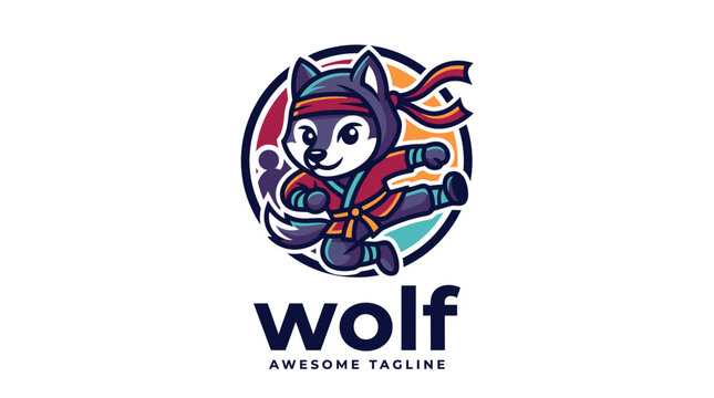 Cartoon Ninja Wolf Mascot Character Illustration.