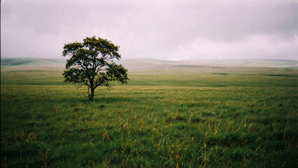 Fototapeta premium Arbre solitaire dans la campagne brumeuse
