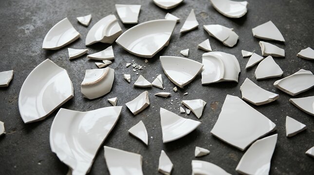 Shattered White Ceramic Fragments Spread Across Flat Surface Creating Artistic Unstructured Pattern Background broken white porcelain ceramic pieces scattered ground surface abstract texture