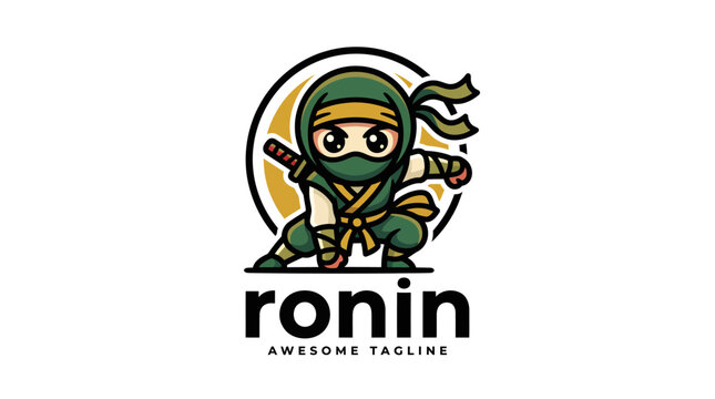 Cute cartoon green ninja mascot logo design.
