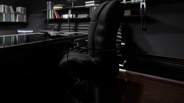 A modern office is shown with black walls and a black chair. A desk with a sleek surface and shelves with items is visible. The room has a neat look suited for work.