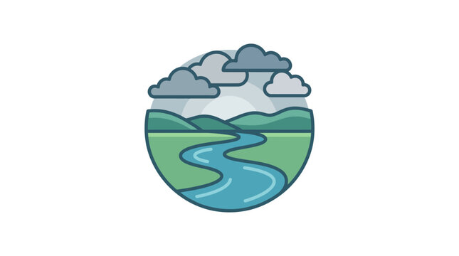 Pixel art landscape icon with winding river and green hills