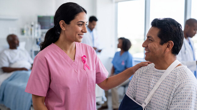 A caring doctor in pink scrubs reassuring a patient with a gentle hand in a bright hospital for Breast Cancer Awareness Month, ideal for advocacy content.