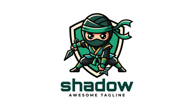 Cute Ninja Mascot Logo Design Featuring Shield and Kunai.