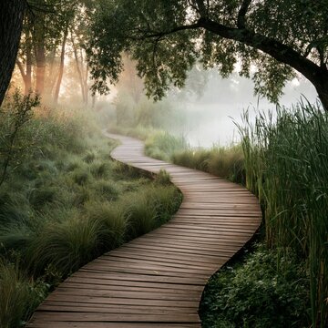Curved wooden boardwalk through natural vegetation, misty morning atmosphere, organic landscape design, peaceful eco aesthetic