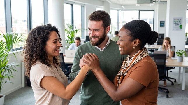 Three diverse teammates in a positive huddle in a modern office for World Mental Health Day, ideal for corporate campaign banners and posters.