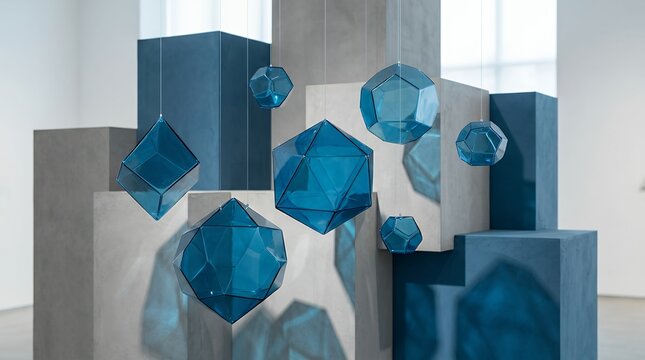 Contemporary Three Dimensional Cerulean Volumetric Geometry Composition Featuring Suspended Translucent Polyhedral Forms and Glass Textures Over Intersecting Cuboidal Monoliths background abstract 3d