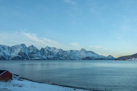 Snowy mountains and fjord in Troms og Finnmark Norway