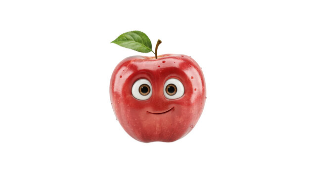 Red apple character with large expressive eyes and a small smiling mouth, featuring a green leaf on its stem isolated on a transparent background