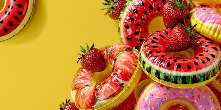 Vibrant summer inflatable pool rings shaped like watermelon and strawberries on a bright yellow background with fresh fruit.