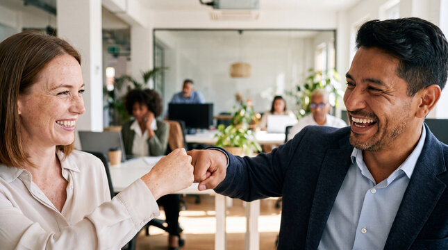 Two businesspeople sharing a fist bump in a bright office for World Mental Health Day, ideal for corporate awareness and social media posts.