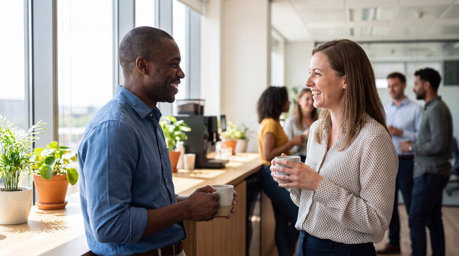 Two coworkers sharing tea and a supportive chat in a bright office kitchen for World Mental Health Day, great for internal social media content.