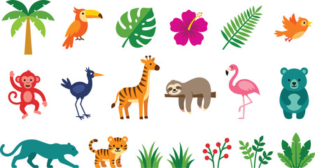 Naklejka premium Cute Cartoon Flat Tropical Jungle Animal and Botanical Vector Set with Tiger Monkey Sloth Giraffe Flamingo and Hibiscus Flower for Nursery Designs