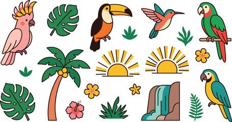 Naklejka premium Cute Cartoon Tropical Jungle Vector Element Set Featuring Cockatoo Toucan Parrot Hummingbird Palm Tree Hibiscus Flower and Waterfall Icons for Designs