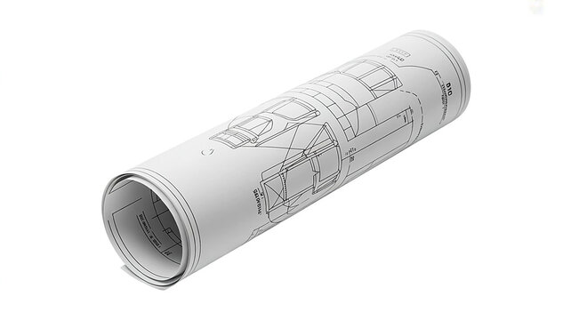 3d render of a rolled architectural blueprint with technical drawings and schematic lines isolated on white for construction and design planning