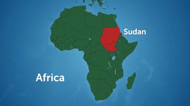 Map of africa highlighting sudan in red against a blue background digital