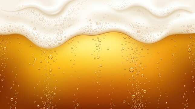 Crisp lager beer fills screen with white foam and rising carbonation bubbles, draft ale background, oktoberfest beverage texture.