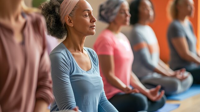 Peaceful gathering of individuals practicing yoga in a serene studio setting during a morning class