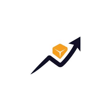 Minimalist logo featuring a black upward pointing arrow line graph with a yellow isometric cube icon representing logistics delivery growth and business success on white background