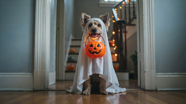 Adorable dog in a ghost costume holding a pumpkin for halloween