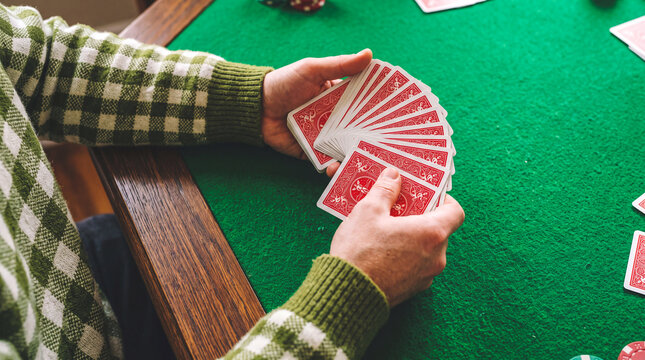 Person holding a fan of playing cards on a green felt table