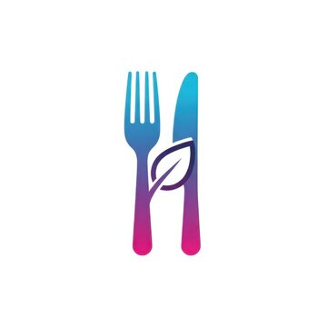 Minimalist logo of a fork and knife with an integrated leaf, featuring a blue to pink gradient on white background for vegan, vegetarian, or organic food and restaurant branding.