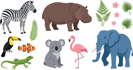 Naklejka premium Cute Cartoon Flat Exotic Wildlife Safari Animal and Tropical Botanical Vector Asset Pack Featuring Zebra Hippo Elephant Koala and Flamingo Icons