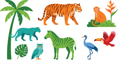 Naklejka premium Cute Cartoon Flat Tropical Jungle Wildlife Animal and Botanical Vector Set with Tiger Panther Zebra Monkey and Toucan for Nursery Surface Patterns