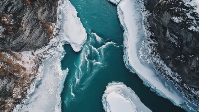 Blue River Flowing Between Rugged Snowy Mountains