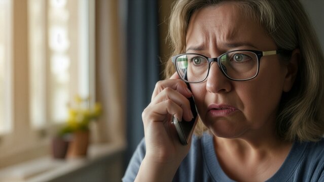 A portrait of a worried middle-aged woman wearing glasses while talking on her phone at home, expressing a concerned, anxious, or serious facial emotion during a difficult call.